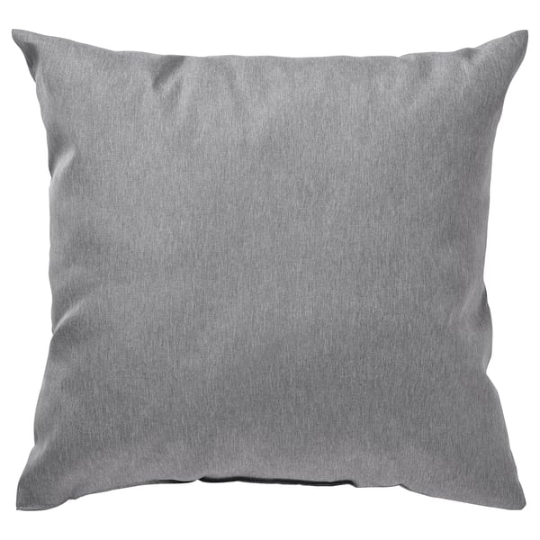 Grey square throw pillow with soft, textured fabric and slight sheen, made from 100% recycled polyester.