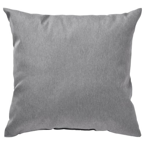 Grey square throw pillow with soft, textured fabric and slight sheen, made from 100% recycled polyester.