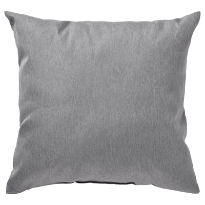 Grey square throw pillow with soft, textured fabric and slight sheen, made from 100% recycled polyester.