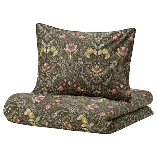 Dark green duvet and pillow set, patterned with flowers, made of cotton and lyocell.