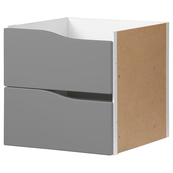 Grey KALLAX shelf unit with 2 drawers, sleek design.