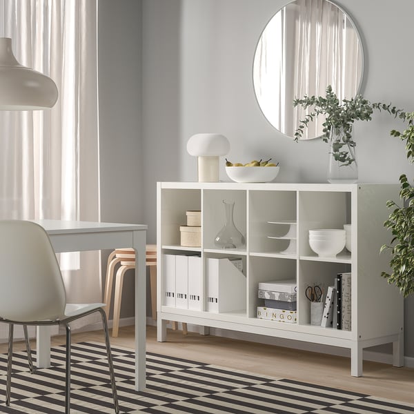 KALLAX Shelving unit with underframe, high-gloss/white/white, 147x94 cm