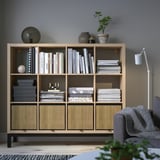 KALLAX Shelving unit with underframe, white stained oak effect/black, 147x129 cm