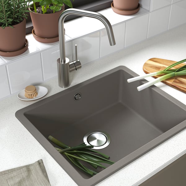 KILSVIKEN Inset sink, 1 bowl, grey-beige quartz composite, 56x46 cm