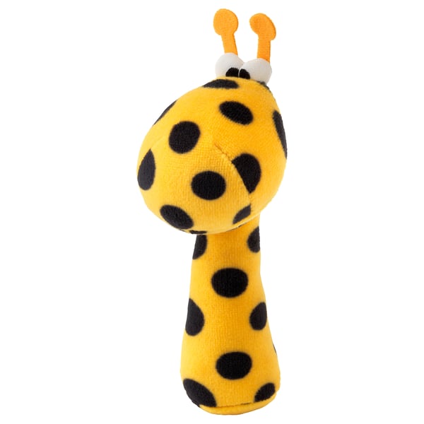 A bright yellow plush giraffe baby toy with black spots, two small orange horns, and soft texture.