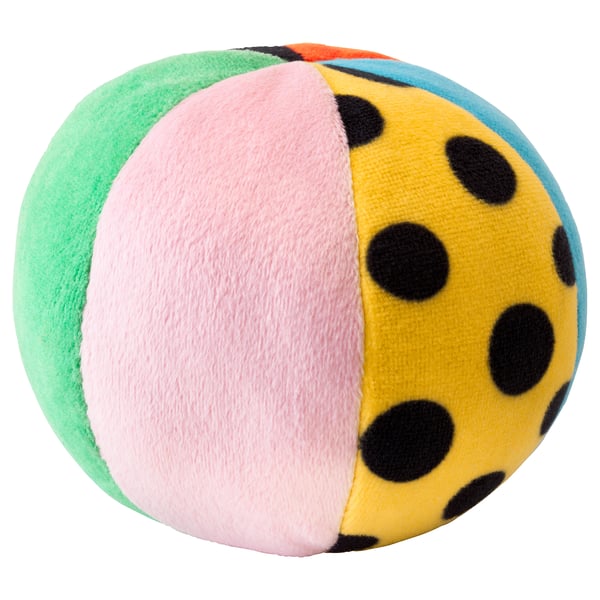 KLAPPA baby play ball: bright colours, soft fabric, round shape, dotted design.