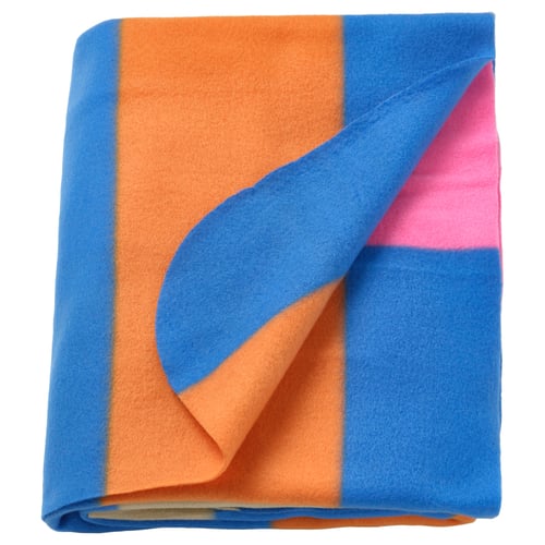 KLIBBKORSÖRT throw, orange, blue, soft fleece, recycled polyester, colourful blocks.