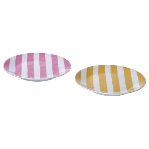 Two colourful plates, one pink-striped and one yellow-striped, round and glossy, ideal for summer use.