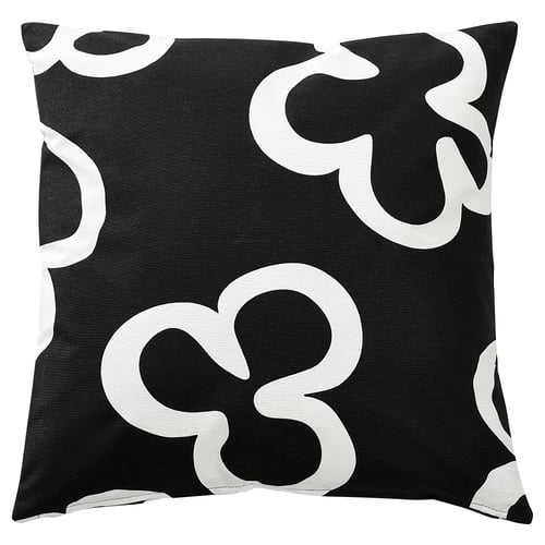 Black & white KLIPPBRÄCKA pillow with floral pattern, recycled, zip closure.