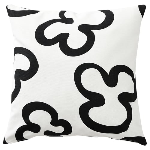 KLIPPBRÄCKA pillow: square, white & black, recycled cotton & polyester, bold abstract shapes.