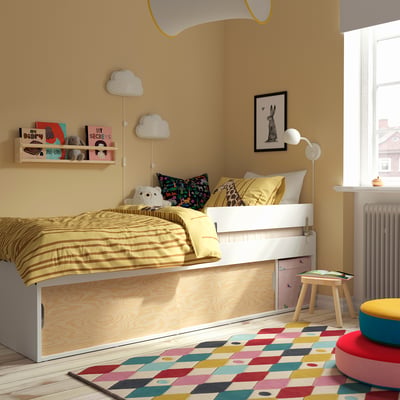 KLIPPUGGLA Bed frame with storage, white/incl guard rail, 90x200 cm