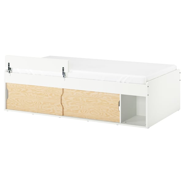 KLIPPUGGLA Bed frame with storage, white/incl guard rail, 90x200 cm