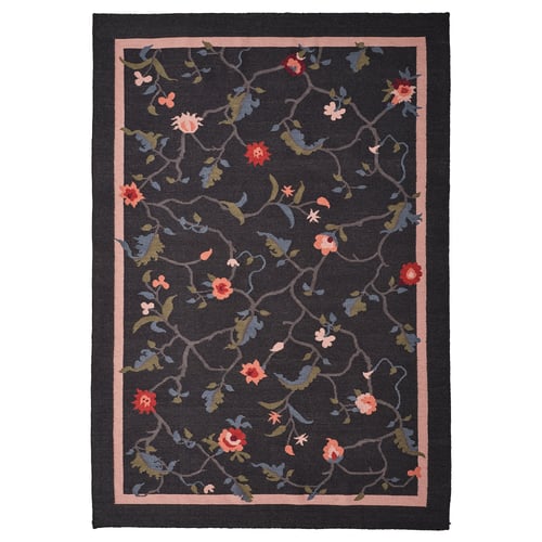 KLOCKBUSKE rug: dark grey, floral, rectangular, handwoven wool.
