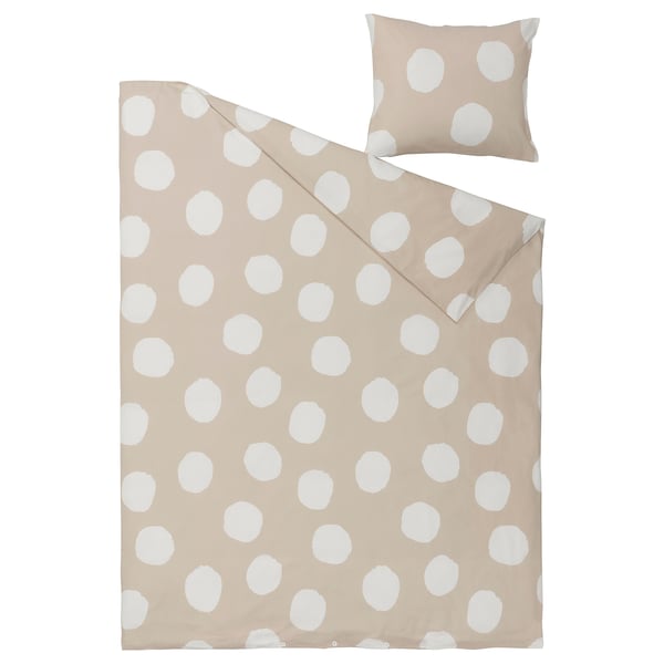 Polka dots bedding set, light beige with white dots, pure cotton. Includes duvet and pillowcase with envelope closure.