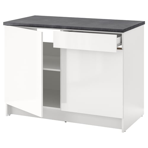 KNOXHULT white kitchen module, rectangular, with grey countertop, single drawer, open shelf.