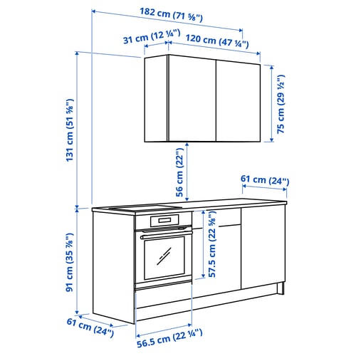 KNOXHULT Kitchen, white, 180x61x220 cm