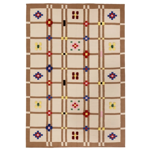 Knyiharven rug, beige-brown, rectangular, grid pattern with colourful blocks, woven wool, cotton.