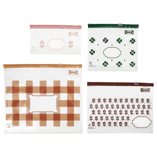 Four IKEA KÖSSEBÄR resealable bags in colours with floral & chequered designs, various sizes, polyethylene with zip closures.