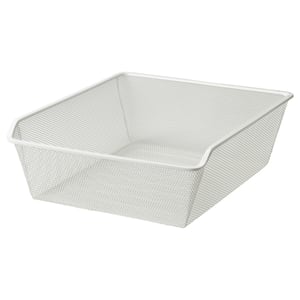 A white, rectangular, mesh storage basket made of steel, designed for organising and air circulation.