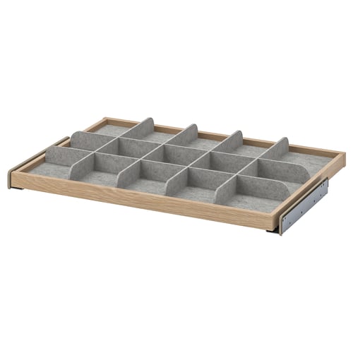 KOMPLEMENT organiser tray, light wood and grey, with small compartments for accessories, featuring a pull-out design.