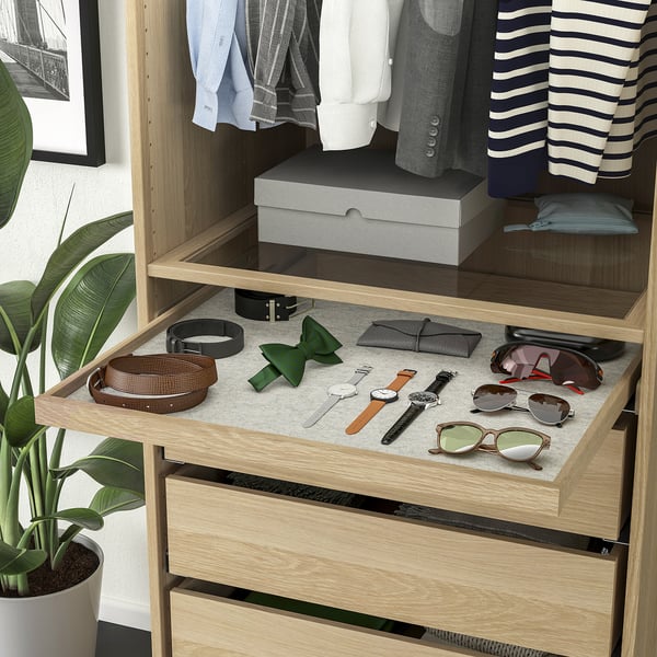 KOMPLEMENT Pull-out tray with drawer mat, white stained oak effect/light grey, 75x58 cm