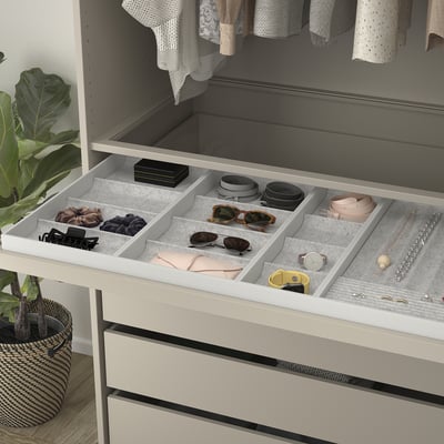 KOMPLEMENT Pull-out tray with insert, grey-beige/light grey, 100x58 cm