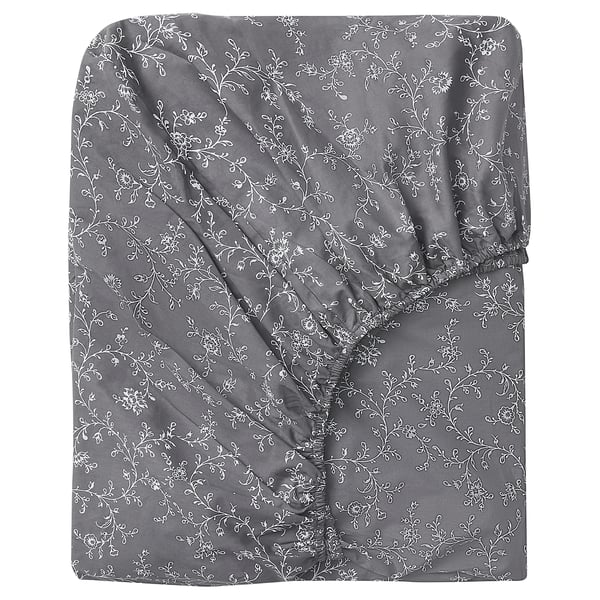 KOPPARRANKA grey floral fitted sheet, 100% cotton, delicate design.
