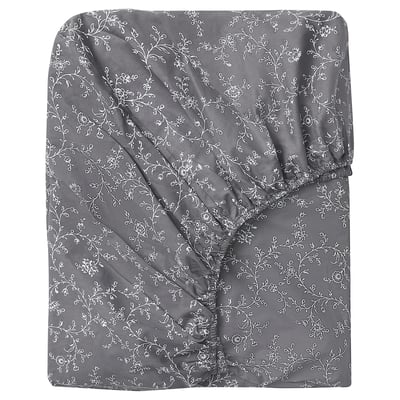 KOPPARRANKA grey floral fitted sheet, 100% cotton, delicate design.