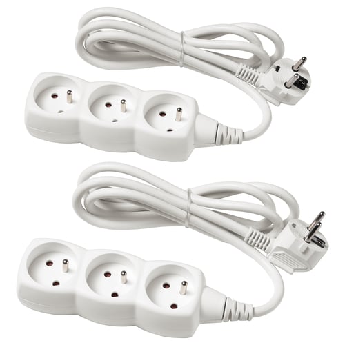 Two white KOPPLA power strips with 3 sockets each, plugs, and 1. 5m cables, made of plastic.