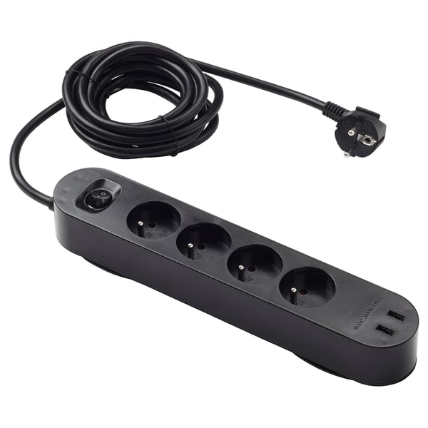 KOPPLA 4-way socket with 2 USB ports, black, 3.0 m