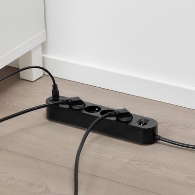 KOPPLA 4-way socket with 2 USB ports, black, 3.0 m
