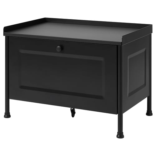 Black KORNSJÖ bench with rectangular storage. Sleek design, adjustable feet, and a drawer.
