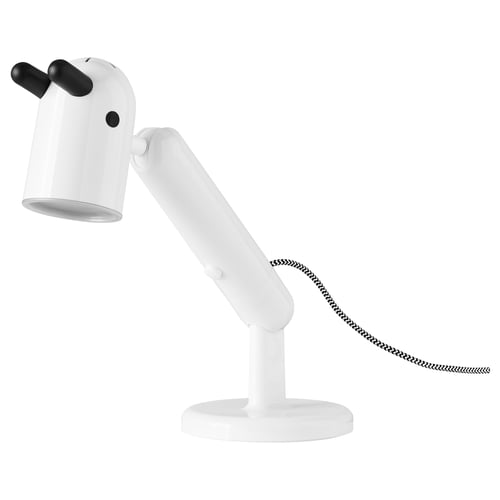 White KRUX lamp with adjustable arm and shade, made of polycarbonate plastic.