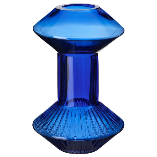 Blue glass vase with textured base, cylindrical middle, and wide top. Modern design for flowers or display.