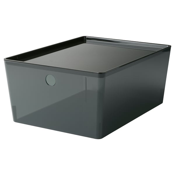 A KUGGIS box in dark grey, made of recycled pet plastic; it is square-shaped with a lid.