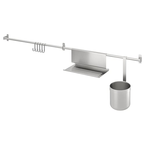 KUNGSFORS kitchen organisers including rails, hooks, a shelf, and a container in stainless steel, designed for durable and efficient storage.