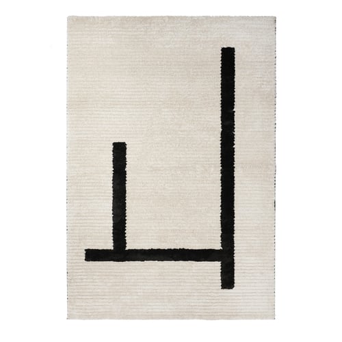 LÄNSVÄG rug: off-white with bold black lines, mix of high/low piles, soft polyester and rubber backing.