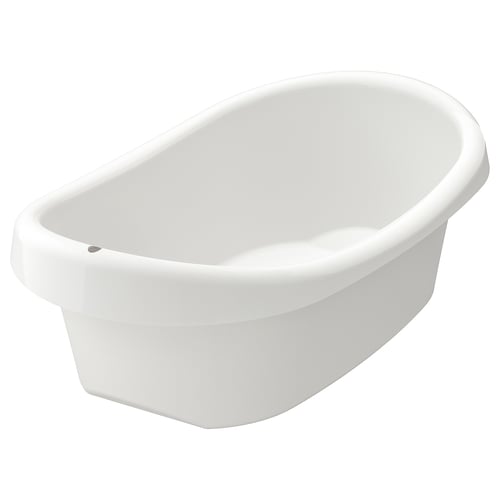 A white plastic LÄTTSAM baby bathtub. It has a sleek, curved design with soft edges and anti-slip bottom.