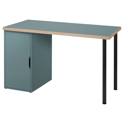 Blue IKEA LAGKAPTEN desk with single drawer, four black legs.