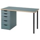 A blue LAGKAPTEN desk with four drawers and black metal legs. Rectangular and modern design.
