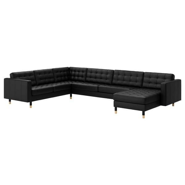 LANDSKRONA Corner sofa, 6-seat, with chaise longue/Grann/Bomstad black/wood