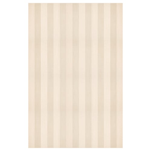 Off-white striped rug, soft, low pile, rectangular shape.