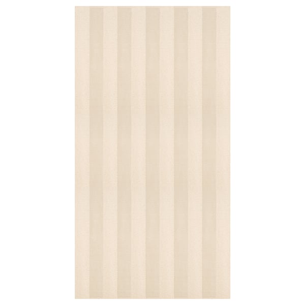 Off-white striped rug, rectangular shape, soft low pile, recycled materials.
