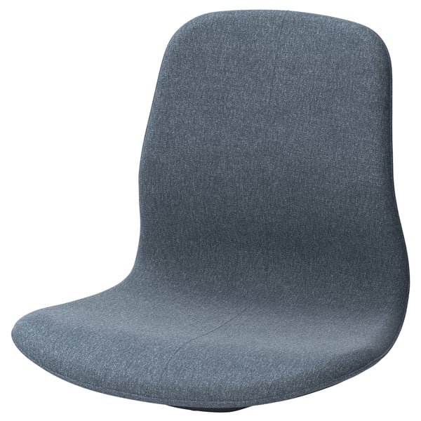 A grey LÅNGFJÄLL chair with a curved back and seat. It is upholstered in recycled polyester fabric.