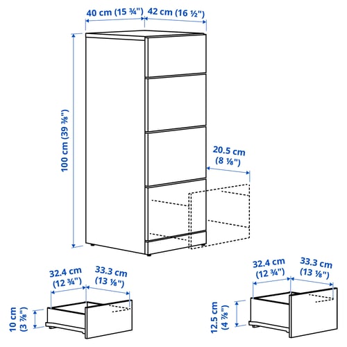 LASTARE Chest of 4 drawers, white, 40x42x100 cm