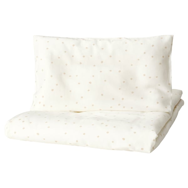 LEN Duvet cover 1 pillowcase for cot, white beige/dot pattern, 110x125/35x55 cm