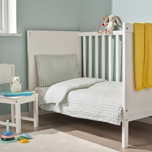 LEN Duvet cover 1 pillowcase for cot, white blue/stripe pattern seersucker, 110x125/35x55 cm