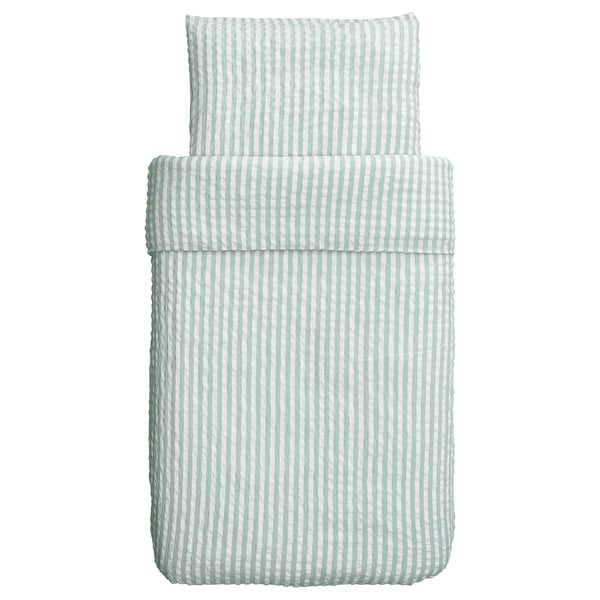 LEN Duvet cover 1 pillowcase for cot, white blue/stripe pattern seersucker, 110x125/35x55 cm