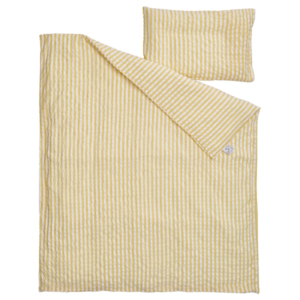 LEN Duvet cover 1 pillowcase for cot, white yellow/stripe pattern seersucker, 110x125/35x55 cm