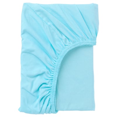 Light blue fitted sheet, rectangle shape, elastic edges, 100% cotton.